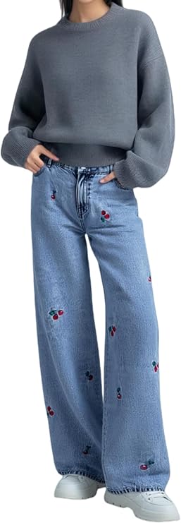 Wide Leg Baggy Jeans for Women, High Waisted Denim Pants with Pockets Cherry Embroidered Y2K