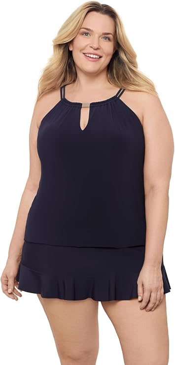 Aqua Green Women's Keyhole High Neck Full Coverage Adjustable Tankini Swim Top
