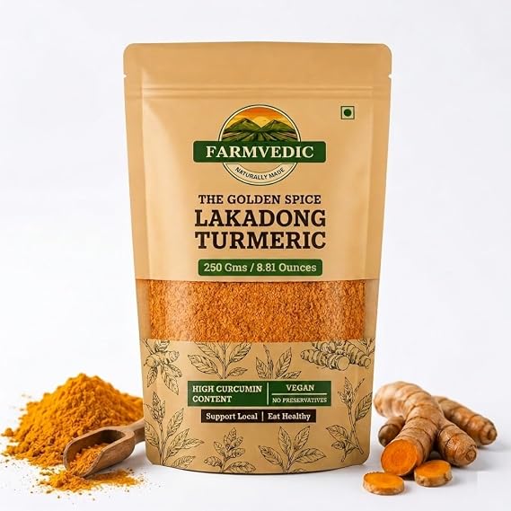 Farmvedic Organic Lakadong Turmeric Powder (8.81 oz / 250g) with Highest Curcumin upto 9% from Meghalaya Hills | Best Haldi Powder for Cooking and Skin with Fresh Aroma.