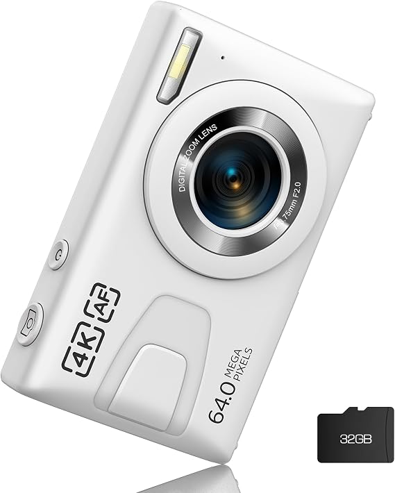 Digital Camera 4K 64MP Vlogging Camera Autofocus Point and Shoot Digital Cameras for Photography Camera for Kid Student Children Teen Girl Boy, 18X, 2 Batteries, 32GB Card, White