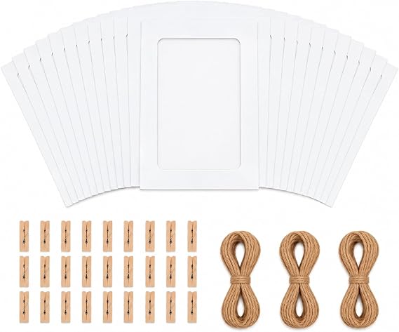 Enenes 30 Pack 4x6 Inch Paper Photo Frames with Wood Clips & Jute Twine