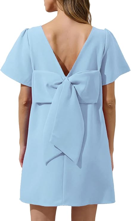 Kedera Women's Mini Bow Dress Crew Neck Short Sleeves Loose Swing Solid Shift Dress Casual Cocktail Wedding