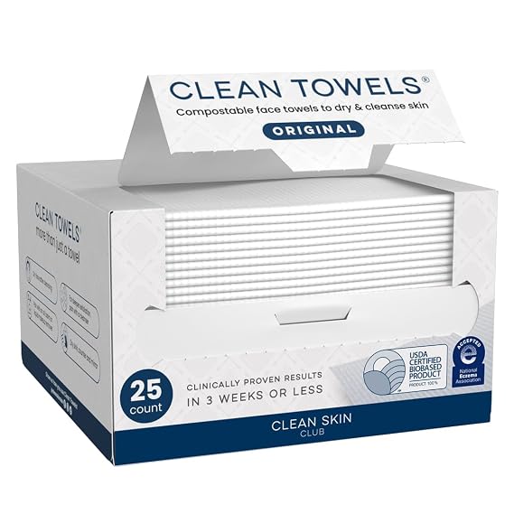 Clean Skin Club Clean Towels, 100% USDA Biobased Face Towel, Disposable Face Towelette, Eczema Association Accepted, Makeup Remover Dry Wipes, Ultra Soft, 1 Pack, 25 Ct