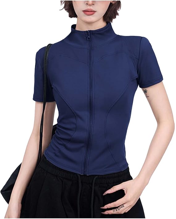 Women's Athletic Jacket for Running Yoga Slim Full Zip Stand Collar Fitness Casual Short Sleeve Sports Workout Tops