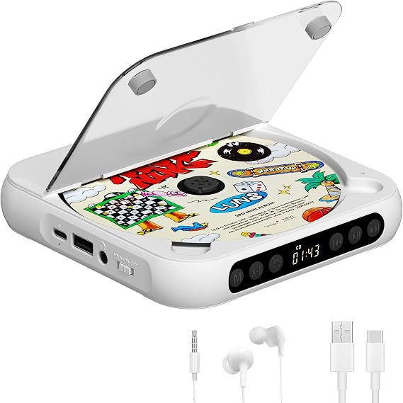 Portable CD Player, Personal CD Player with Bluetooth for Home, Rechargeable Small CD Player with Headphones,Built-in HiFi Speakers, Support CD/AUX/USB, Anti-Skip/Shockproof