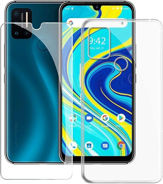 Phone Case Transparent + Tempered Glass Film for Umidigi A7 Pro (6.30 Inches), KJYF HD Screen Protector + Cover TPU Transparent Case Friendly Protective for Umidigi A7 Pro - Transparent