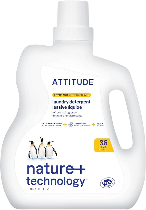 ATTITUDE Liquid Laundry Detergent, EWG Verified Laundry Soap, HE Compatible, Vegan and Plant Based Products, Cruelty-Free, Citrus Zest, 36 Loads, 60.8 Fl Oz