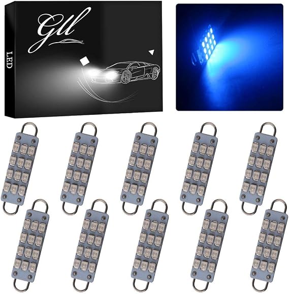 44mm Festoon LED Bulbs 10-Pack, 12-SMD Blue Interior Dome Map Door Light