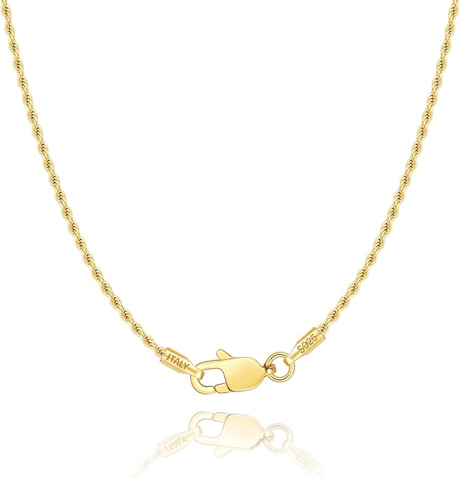 Jewlpire 18K Gold Plated 925 Sterling Silver Chain Necklace for Women, 1.35mm Rope Chain Super Shiny & Durable Women's Chains Necklaces 16 18 20 22 24 26 Inch