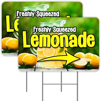 Freshly Squeezed Lemonade Arrow 2 Pack Double-Sided Yard Signs 16" x 24" with Metal Stakes (Made in the USA)