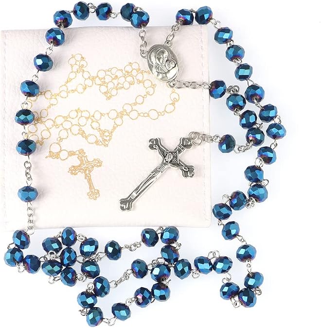 Rosary Beads for Women With Box, Blue Crystal Catholic Necklace, Last Supper Vintage Jewelry Box, Anglican Prayer Beads Christian Gifts
