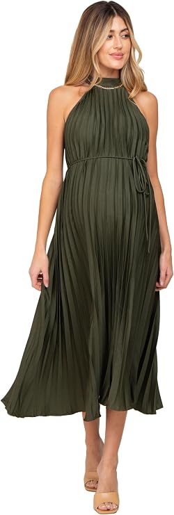 PinkBlush Olive Pleated Maternity Halter Dress