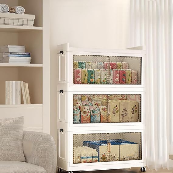 590QT Stackable Storage Bins with Lid,147Gal Closet Organizers and Plastic Cabinets Shelves, Collapsible Drawers with PET Clear Doors, Foldable Boxes with Wheels for Home Office, 3Pack