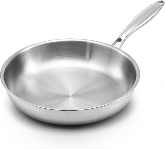 WANGYUANJI 10.2 Inch Stainless Steel Frying Pan, Tri-Ply Deep Skillet for 1-3 Servings, 2.8 Qt 18/10 Induction Pan for Eggs, Steak & Pancakes, Oven Safe to 500F