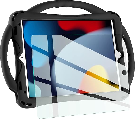 TopEsct Kids Case for iPad 10.2 inch - Shockproof Silicone Cover with Tempered Glass Screen Protector and Strap - Compatible with iPad 9th/8th/7th Gen (2021)" (Black)