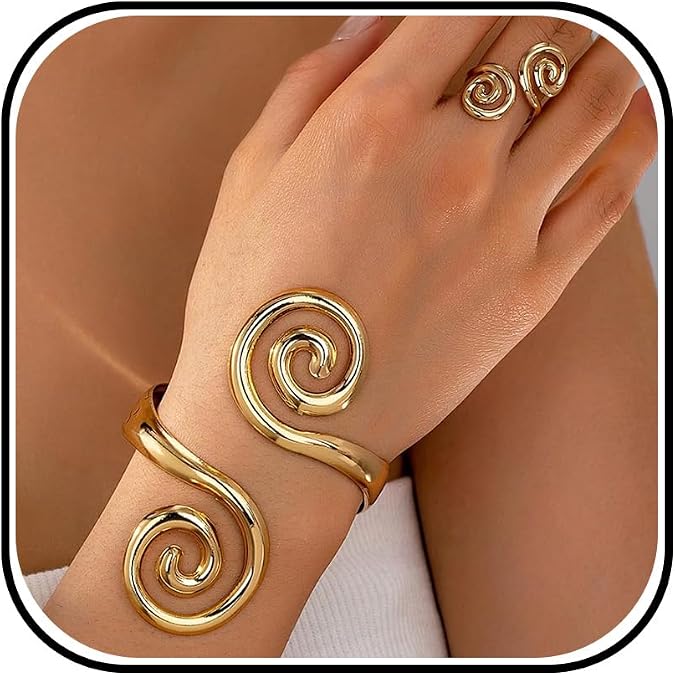 Cuff Bracelet Ring Set Gold Spiral Open Cuff Bangle Chunky Statement Jewelry for Women Party Beach Vacation