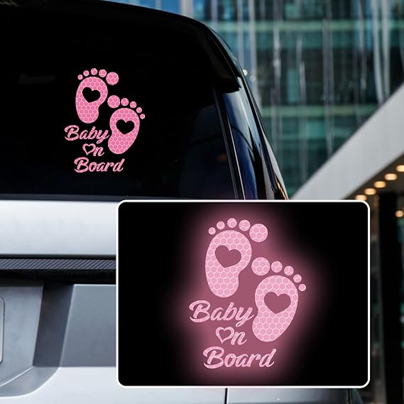 High Intensity Reflective Baby on Board Car Sticker Waterproof Cute Footprint Baby in Car Decal Safety Warning Sign Kids on Board Decal for Car Bumper Window (Pink)