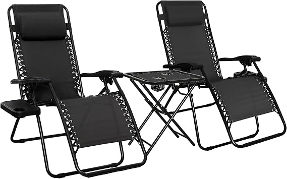Amazon Basics Zero Gravity Chair with Side Table for Relaxing with Cup Holders, Reclining,Foldable, Alloy Steel, Set of 2, Black