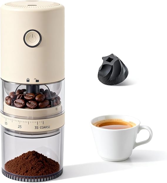 LAMIDO Portable Electric Burr Coffee Grinder, E96T, Light Beige