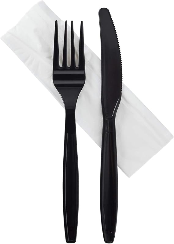 Karat 500 Count Black Wrapped PP Plastic Heavy-Weight Cutlery Set with Napkin (Knife, Fork, 1-Ply Napkin) U2207B