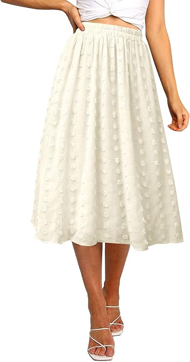 Women's Boho Swiss Dot High Elastic Waist Pleated A-Line Midi Skirt
