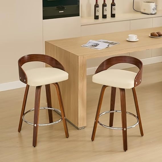 HMFUL Swivel Bar Stools Set of 2,Mid Century Wooden Bar Stool with Beige PU Leather Upholstered,26" Counter Height Stools with Back and Footrest for Kitchen Island,Pub,Dresser,Dining Room