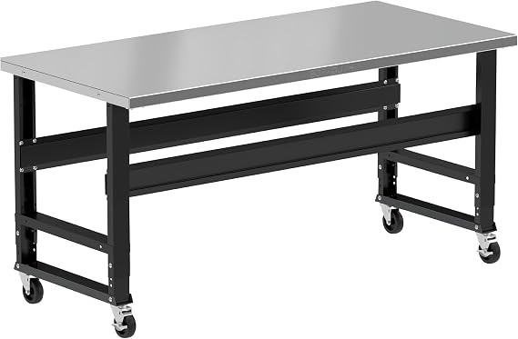 Borroughs 72" W x 34" D Heavy-Duty Mobile Workbench, Stainless Steel Top, 1000 LB Capacity, Casters, Adjustable Height 34-40"