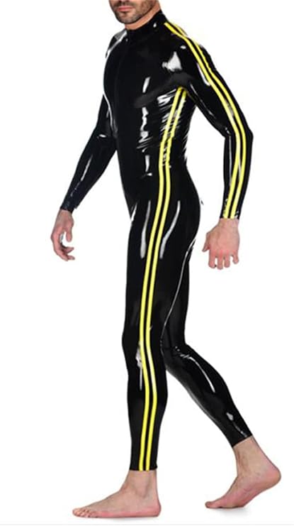 Latex Catsuit with Yellow Trim Back Zipper for Men Tight Rubber Bodysuit Jumpsuit