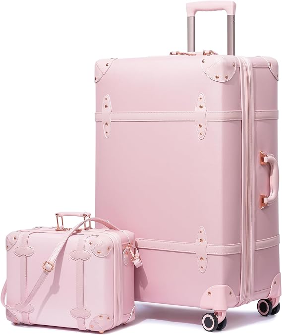 NZBZ Vintage Luggage Set for Women, 2 Piece Retro Trunk Suitcase with 14" Travel Case, Spinner Wheels & TSA-Accepted Lock, Blush Pink, 20"+14"