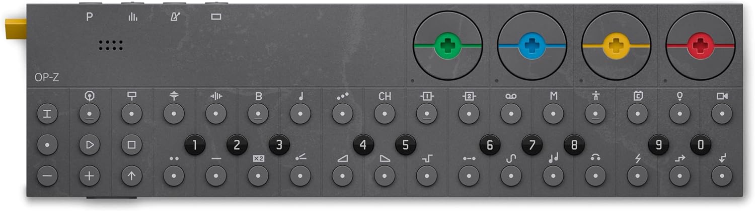 teenage engineering OP–Z portable sequencer, synthesizer, drum machine and visual controller with built-in microphone for sampling, effects and midi, iOS compatible and battery powered