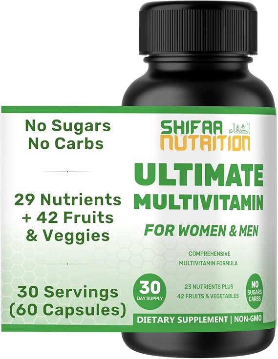 SHIFAA NUTRITION Halal Multivitamins for Women, Men & Adults, 30 Servings | Iron, Vitamin A, B6, B12, Biotin, Niacin, C, D3, E, Zinc, Calcium, Folic Acid, CoQ10 | Halal Vitamins