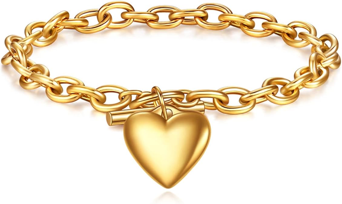 PEAS Fashion Jewelry Stainless Steel Heart Link Chain Bracelet