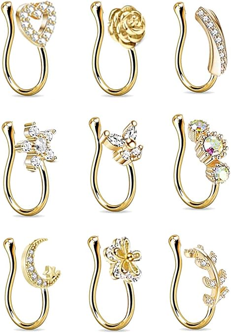9Pcs Fake Nose Rings Hoop for Women Faux Cartilage Tragus Ring Nose Cuff Non Piercing Jewelry Set