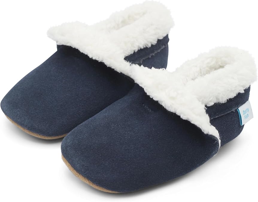 Dotty Fish Baby & Kids Suede Slippers - Fleece Lined, Non-Slip Soft Soles, Lightweight & Flexible Winter House Shoes for Boys & Girls, 0-5 Years