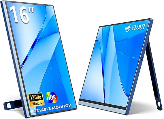 VEOUT 16" Portable Monitor with Built-in Stand, IPS Vertical Monitor, USB-C & Mini HDMI External Laptop Screen, Second Display for PC, MacBook, iPad, Phone, Travel & Office