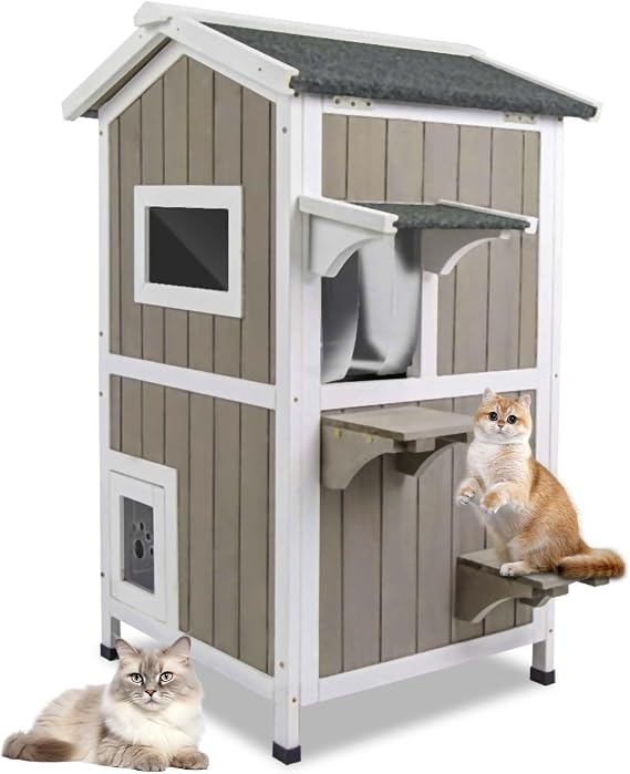 GoWoodHut Outdoor Cat House Weatherproof Cats Shelter for Feral Kitten Pet Houses for 1-2 Small Animlas 2 Story Wooden Houses for Indoor Outdoor Cats with Escape Doors (23.5" L x 27" W x 38" H Grey)