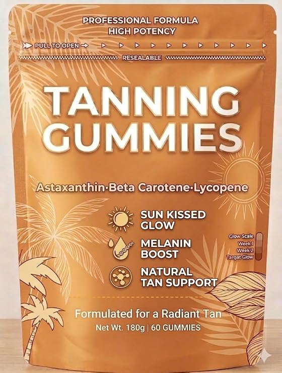 2026 New Tanning Gummies Fast Tan Without Sun, Self Tan with Beta Carotene, Astaxanthin, Lycopene Skin Radiance & Hydration for Natural Looking Sun-Kissed Look, 60 Gummies