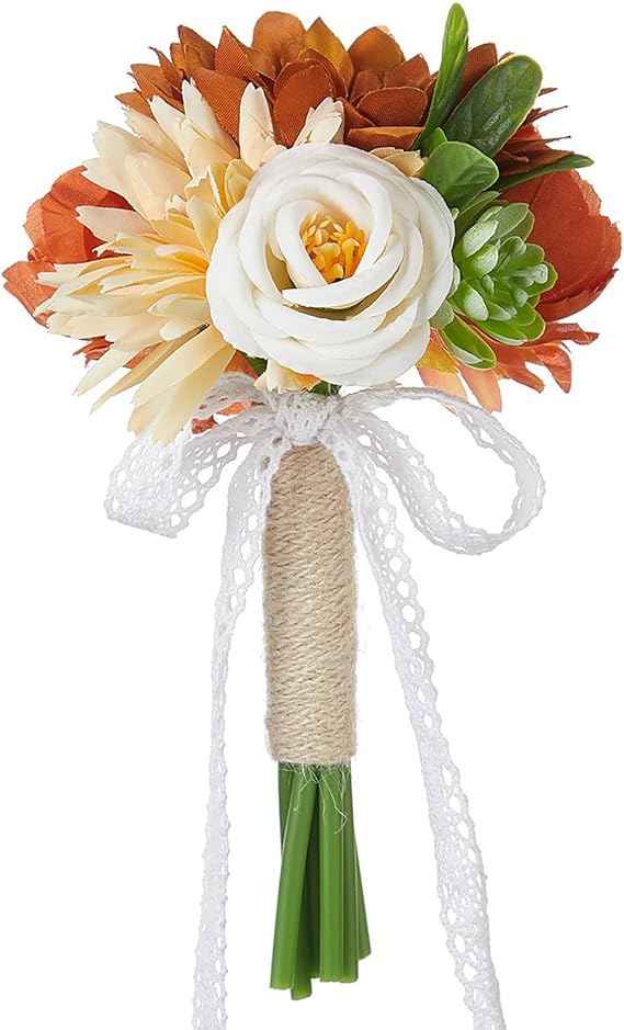 7.8 Inch Mini Flower Girl Artificial Flower Bouquet with Lace Ribbon, Silk Bridesmaid Bouquet with Green Leaves, Faux Floral Bouquet for Wedding Party Anniversary Table Home