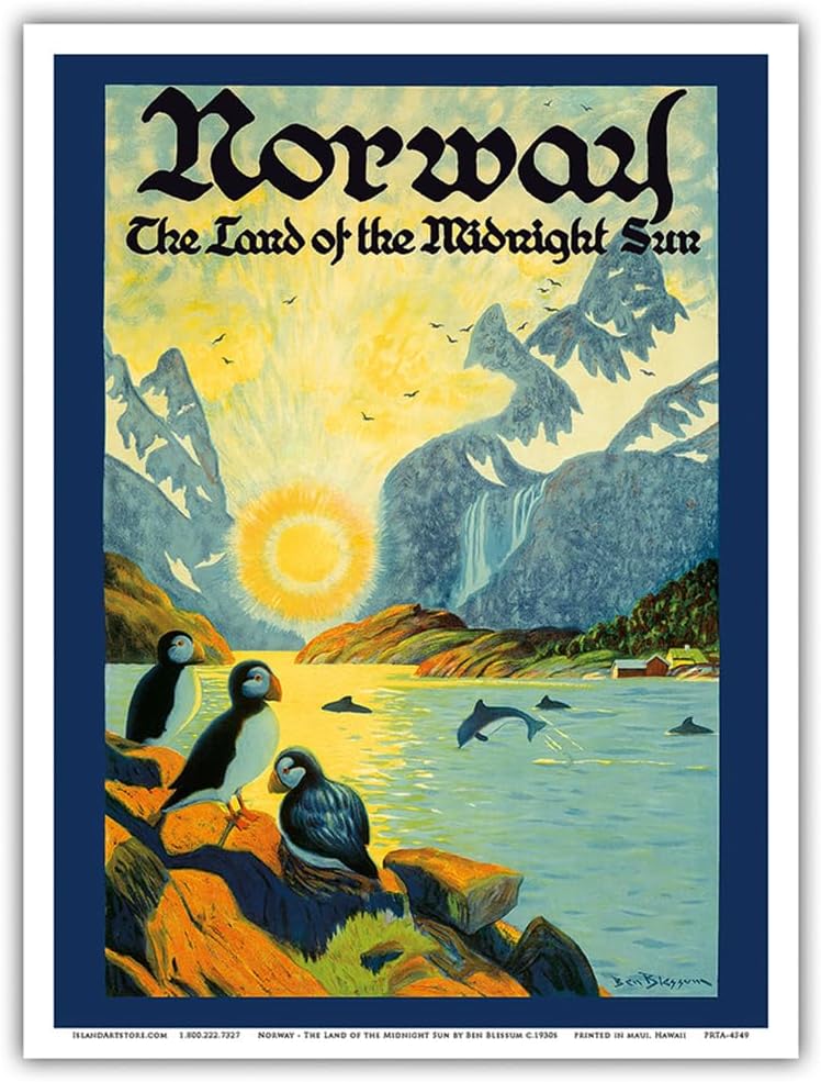 Norway - The Land of the Midnight Sun - Norwegian Fjord with Atlantic Puffins - Vintage Travel Poster by Ben Blessum c.1930s - Master Art Print Unframed 9in x 12in