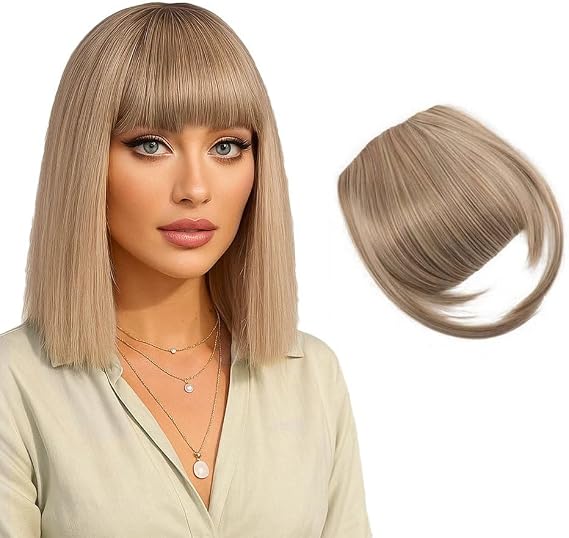 Clip In Bangs for Women Hair Extensions with Temples Hairpieces Fashion Wispy Bangs Fringe Air Bangs Clip Natrual Curved Bangs for Daily Wear (Grey-Gold)
