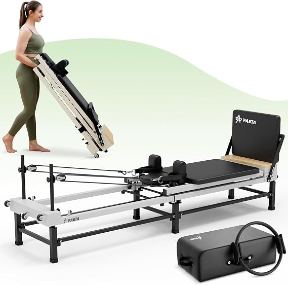 PAETA Pilates Reformer, 86" Foldable Reformer Pilates Machine with Adjustable Reformer Heights, Pilates Equipment with Music Wire Spings and Jump Boards