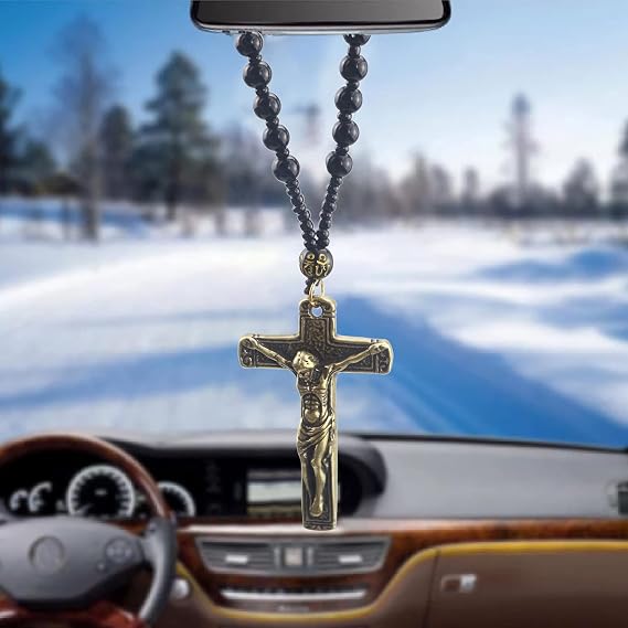 Cross Pendant Necklace Car Charm for Rear View Mirrors,Pure Copper Car Pendant Hanging Cross with Accessories Crutifix,Home Decoration for car Rearview Mirror with Birthday Gift