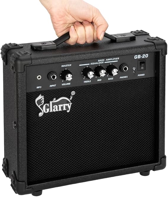 GLARRY Electric Bass Guitar Amplifier, Portable Vox Headphone Amp With MP3 Input, 20W Practice Amp with Volume, Treble, Bass and Middle Controls