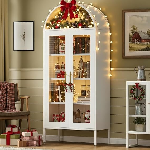 DWVO 71" Arched Glass Door Display Cabinet with LED, 5-Tier Bookcase, White