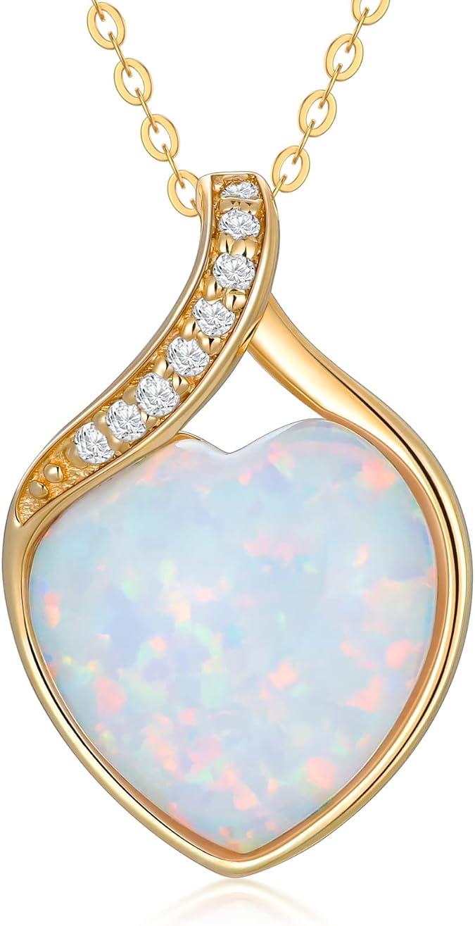 YDD 14k Solid Gold White Opal Necklace for Women Heart Shape Opal with Genuine Diamond Pendant Necklace Heart Necklace Opal Jewelry Diamond Jewelry