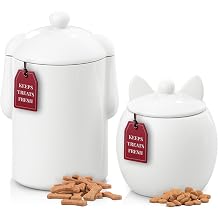 Barnyard Designs Dog and Cat Treat Container Set of 2 Airtight Ceramic Treat Canisters with Lids, Rustic White Storage Jars for Kitchen Counter (Dog & Cat)
