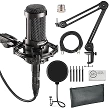 Audio-Technica AT2035 Cardioid Condenser Microphone for Content Creators, Streamers, Podcasters and Musicians Bundled with XLR Cable + Pop Filter + Microphone Arm (4 Items)