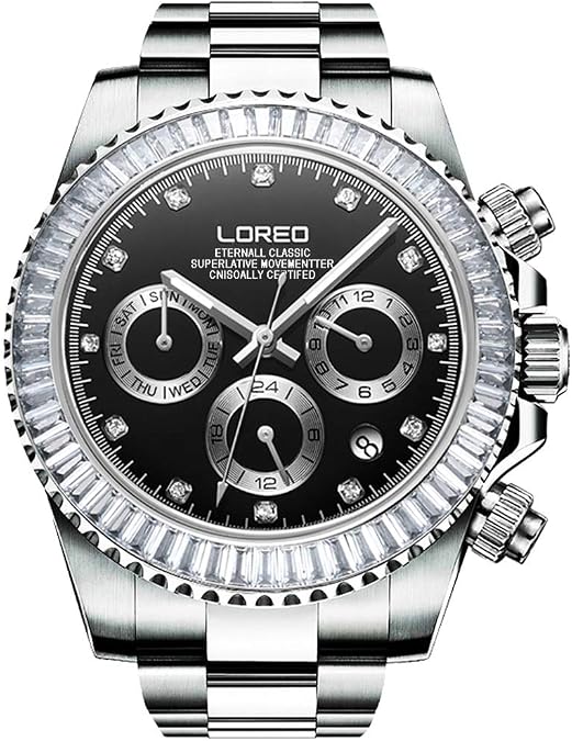 LOREO Men Automatic Mechanical Multifunction Stainless Steel Sapphire Crystal Blcak Dial Waterproof Watch