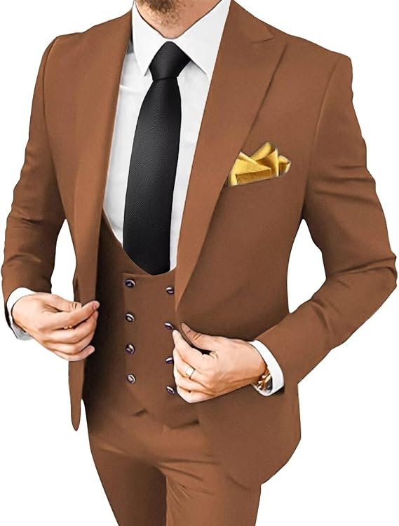 Mens Slim Fit Suit 3 Piece Solid Double-Breasted Casual Business Blazer Set for Weddings Party Tuxedo Jacket Pants