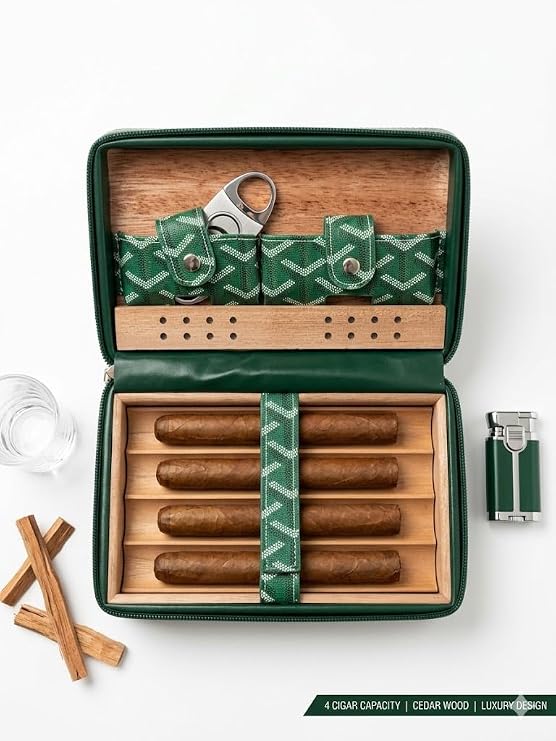 Lüks Yeşil Deri Seyahat Tipi Puro Kutusu - Sedir Ağacı Kaplı 4'lü Puro Kılıfı - Özel Desenli Portatif Humidor, Puro Kesici ve Aksesuar Bölmeli - Erkekler İçin Premium Hediye Seti